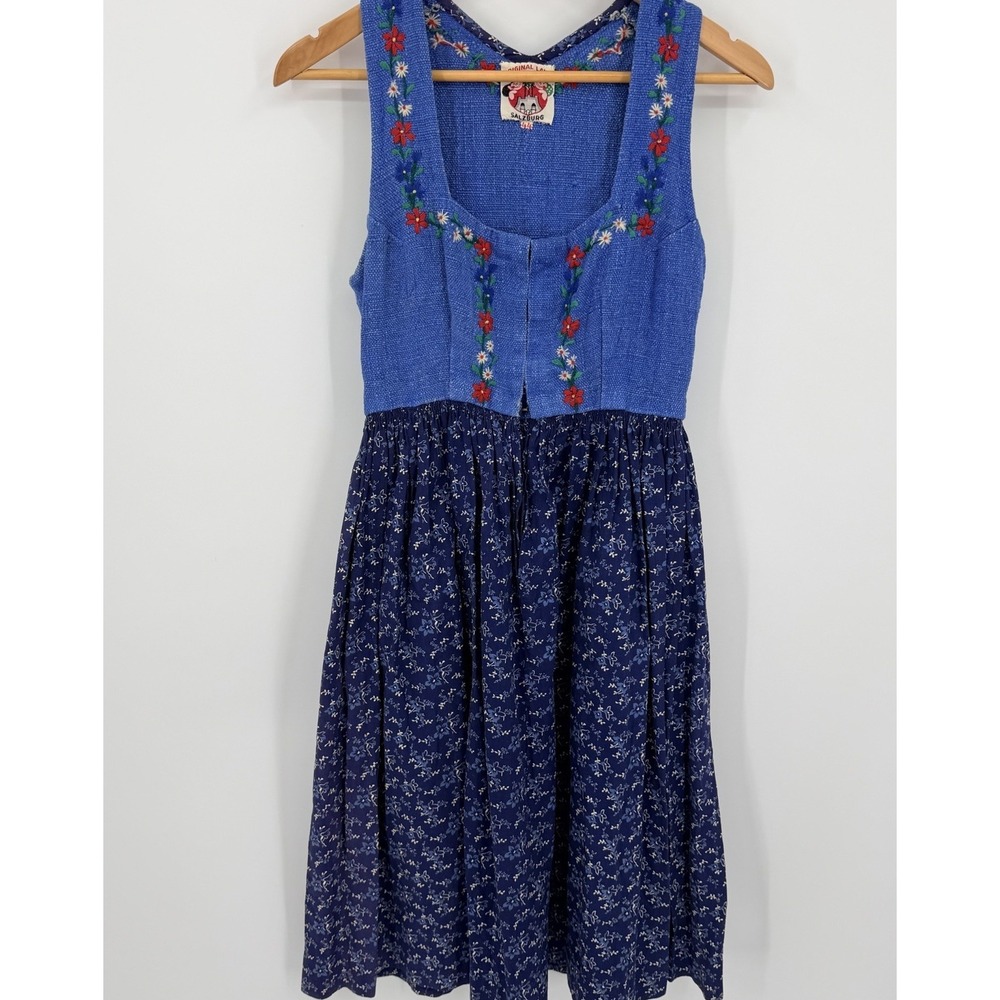 VTG 1950s Lanz German Bavarian Oktoberfest Embroidered Blue Sz 44 Dirndl Dress
